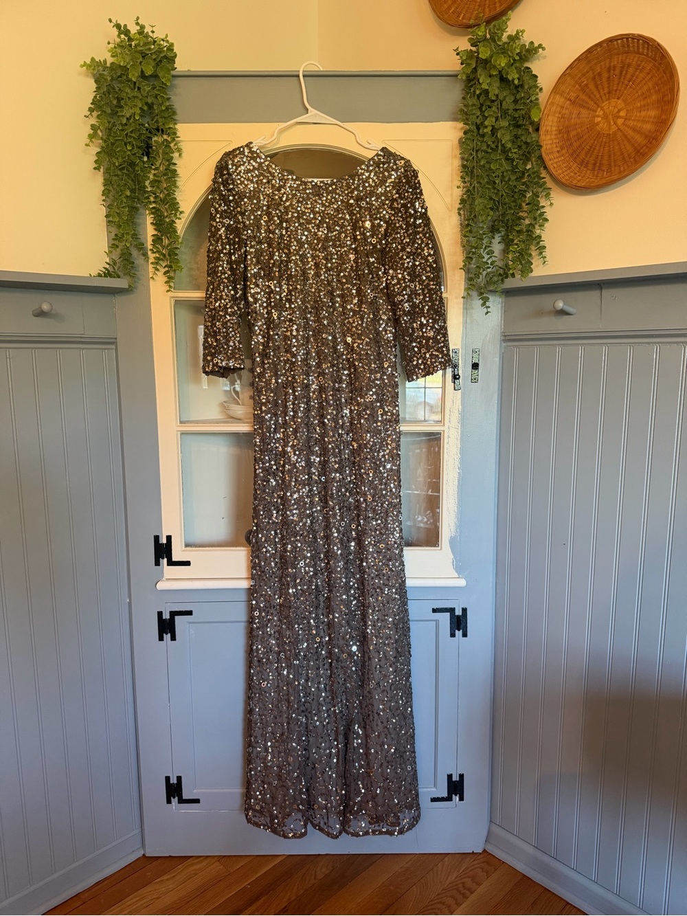 Adrianna Papell Silver Sequin Evening Gown